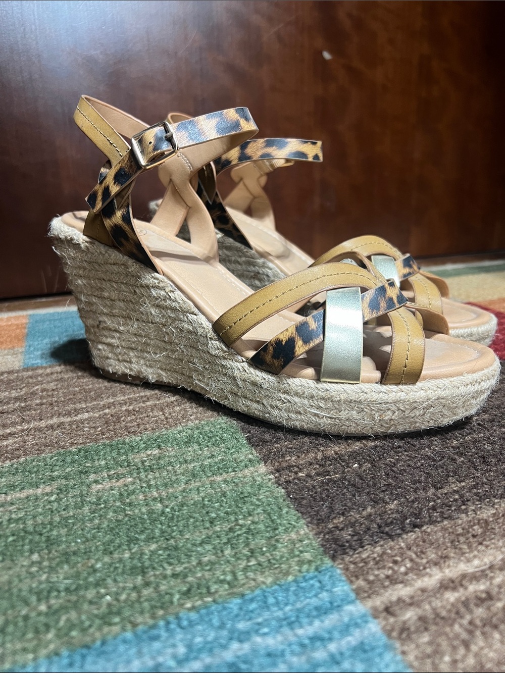 Leopard & Tan Wedge Espadrille Sandals with Metallic Accent
